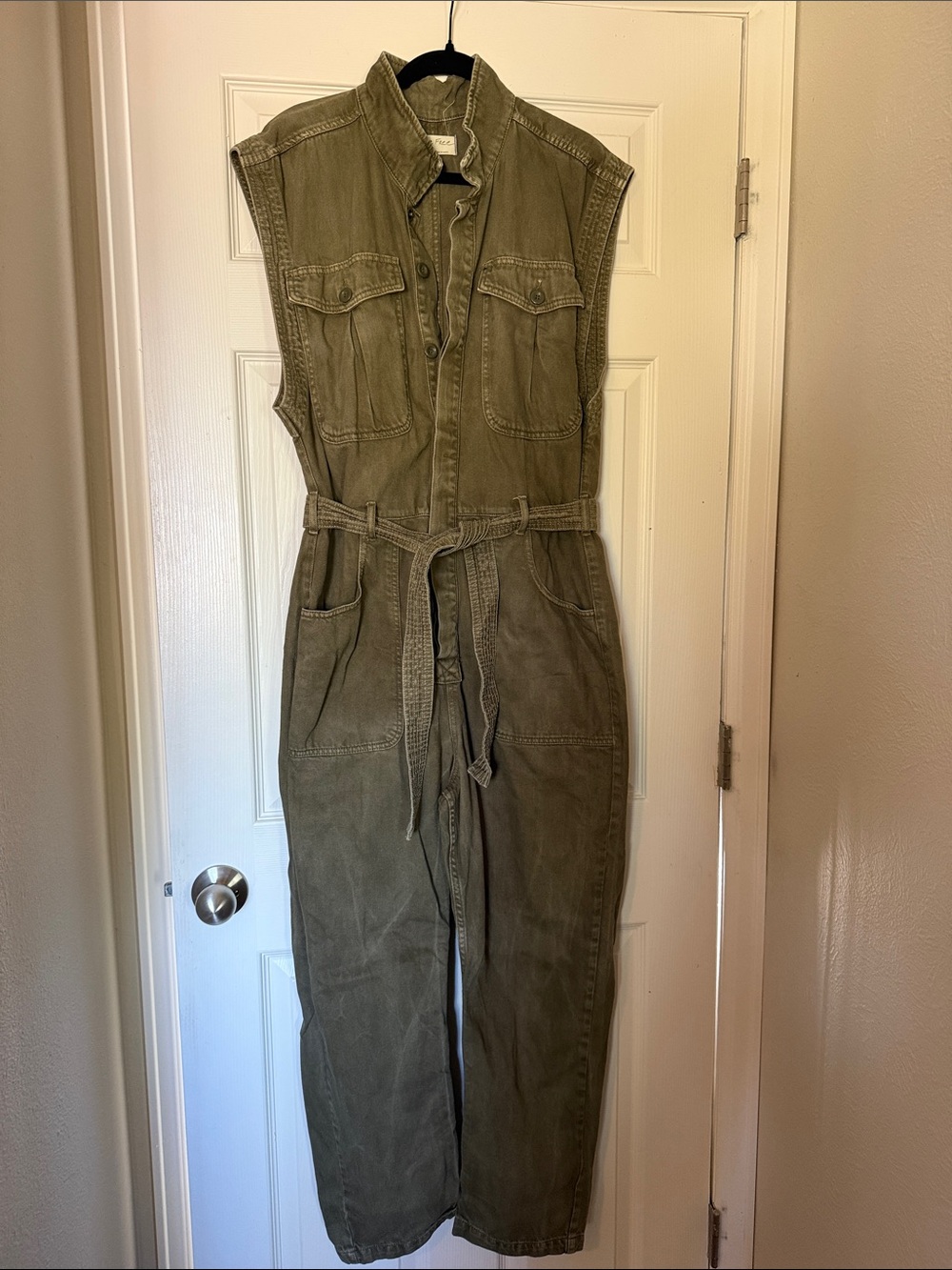 Free People Sleeveless Olive Utility Jumpsuit with Tie Waist